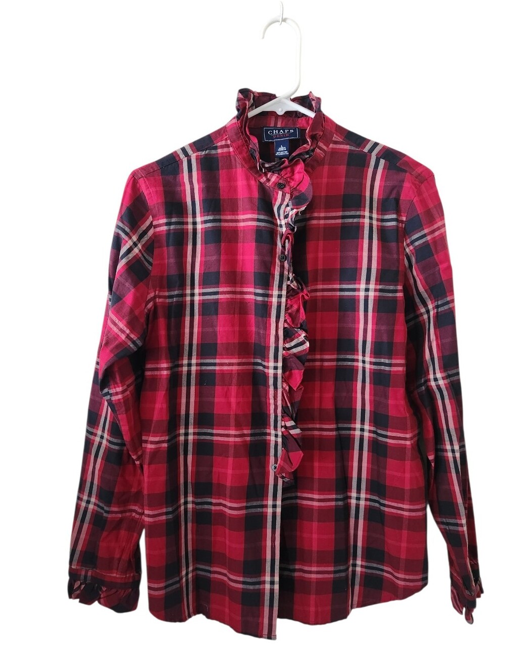Chaps Red Plaid Ruffled Collar Blouse